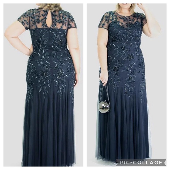 Adrianna papell PLUS SIZyshort sleeves Floral Beaded Godet long Gown - Picture 2 of 16